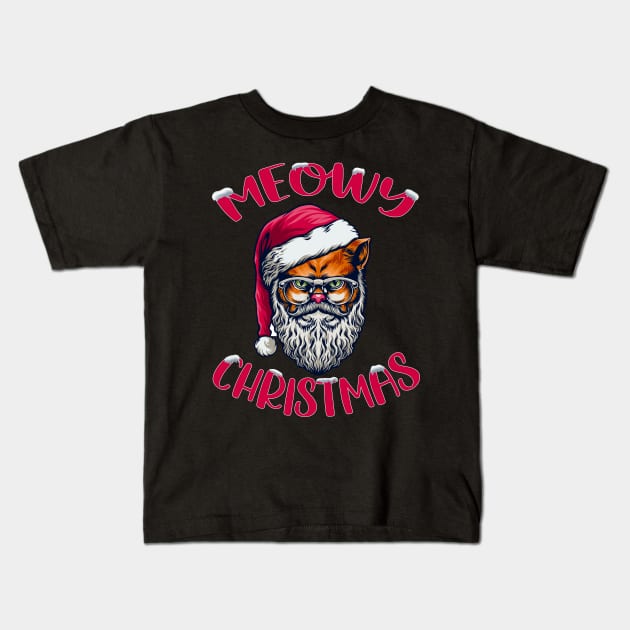 Funny Meowy Christmas Santa Claus Cat Design Kids T-Shirt by FilsonDesigns